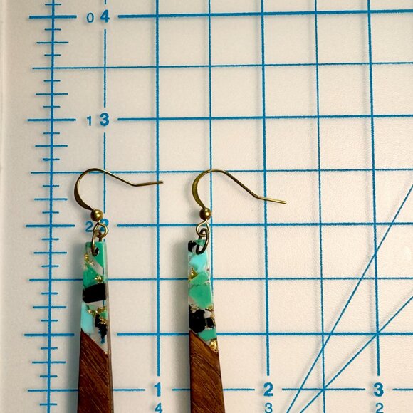 Handmade Retro Walnut Gold Leaf Turquoise Black Resin Boho Trapezoid Earrings - Picture 6 of 6